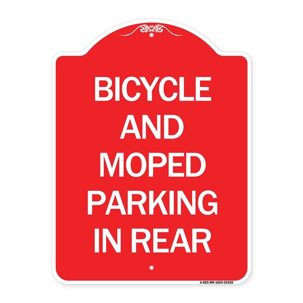 Bicycle and Moped Parking in Rear, Red & White Aluminum Architectural Sign, 18" x 24", RW-1824-24326